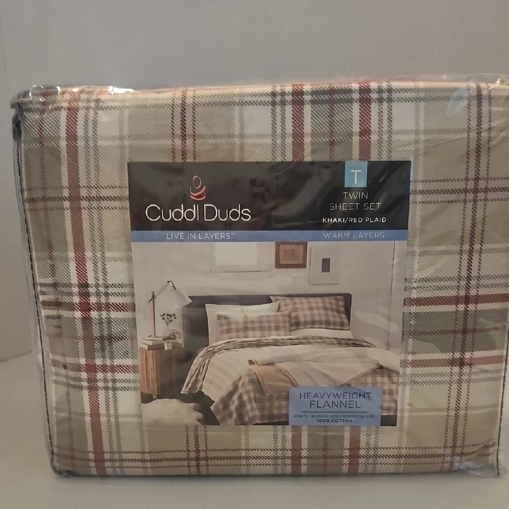 Cuddl Duds NWT Plaid Cream Cranberry Gray Heavyweight Flannel Twin Sheet Set